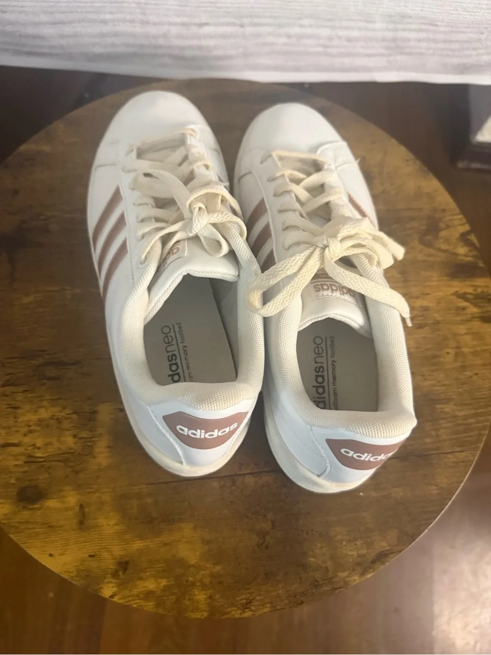 adidas Women’s White Sneakers with Rose Gold Stripes